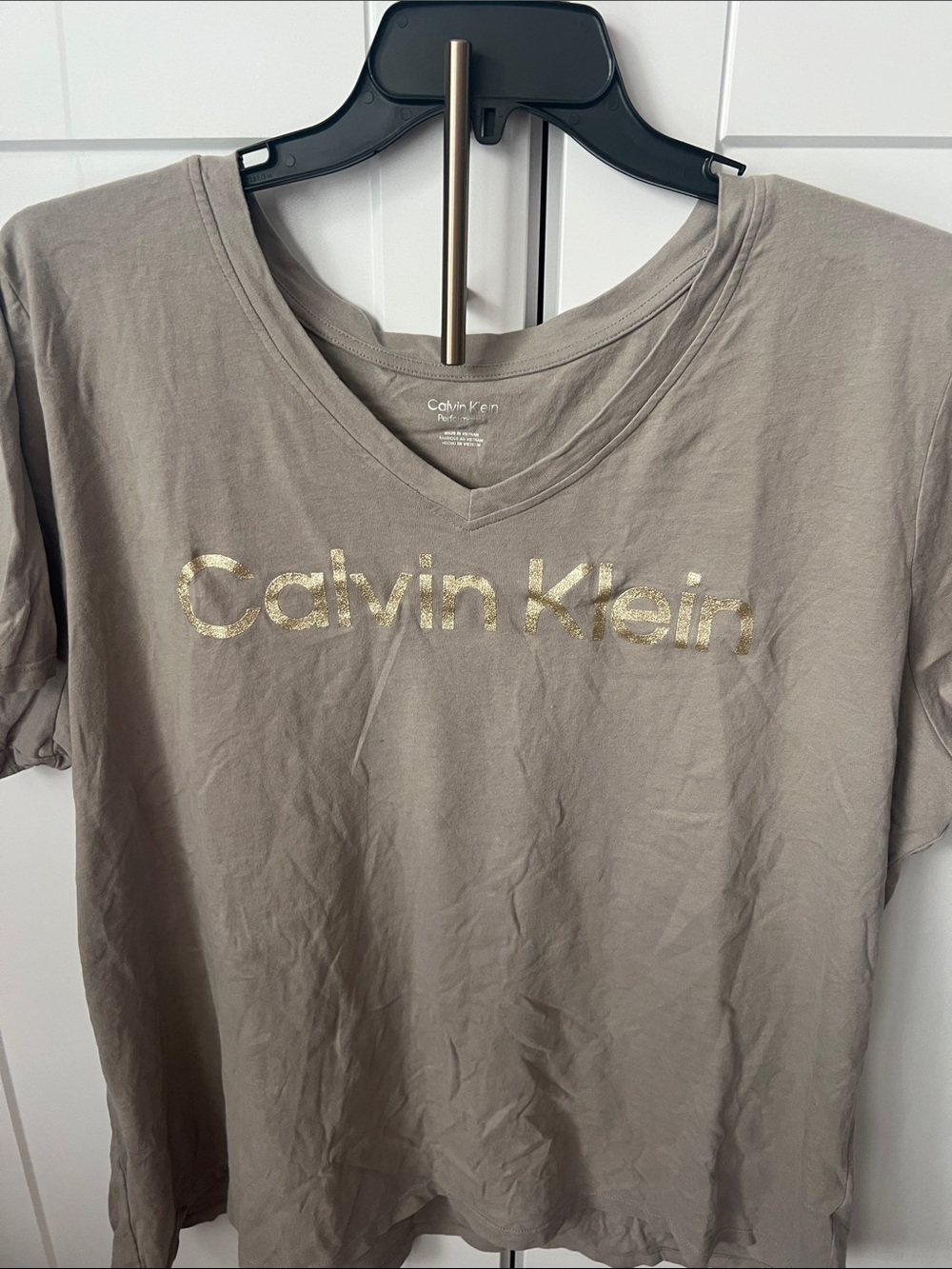 Calvin Klein Taupe V-Neck Tee with Metallic Gold Logo